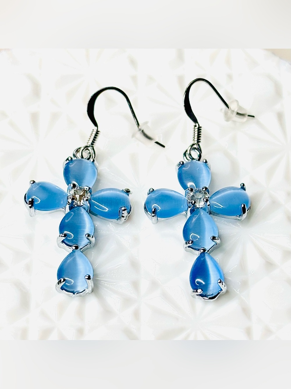 Blue Moonstone Religious Cross Drop Earrings